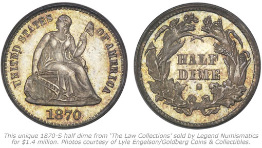 This unique 1870-S half dime from 'The Law Collections' sold by Legend Numismatics for $1.4 million. Photos courtesy of Lyle Engelson/Goldberg Coins & Collectibles.