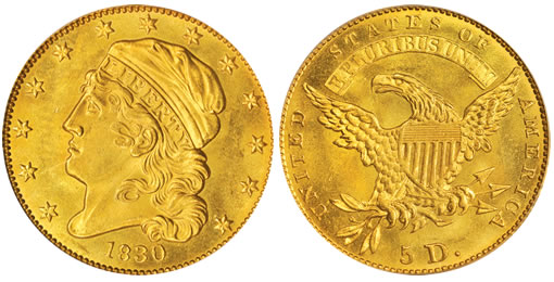 The spotlight of the auction is this High Condition Census 1830 BD-1 Half Eagle, a Gem example of a rare and seldom-offered issue The spotlight of the auction is this High Condition Census 1830 BD-1 Half Eagle, a Gem example of a rare and seldom-offered issue