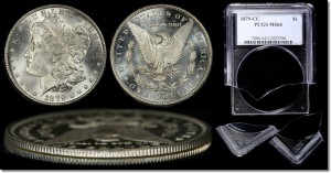 Click to Enlarge: These four photographs show a tampered PCGS encapsulation holder with a fraudulent insert.  When the holder was cracked open it revealed that it housed the pictured coins, a genuine 1879 and a genuine Carson City Mint dollar that were split in two along the rim to create an "1879-CC."  PCGS experts believe the diagnostic evidence indicates the 1879 Morgan dollar used in this case most likely was an 1879-S.  (Photo credit: Professional Coin Grading Service.)