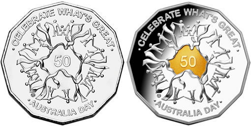 Australian Day 2010 coins: 50 cent circulating coin and collectible gold-plated coin