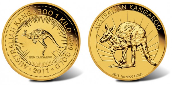 2011 Australian Kangaroo Gold Coins 1 Kilo and 1 Ounce 600x298 2011 Kangaroo Gold Coins on Sale Sept. 14