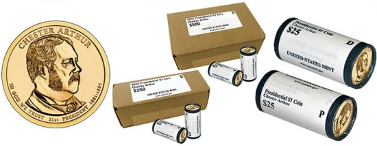 Chester Authur Presidential $1 Coin Rolls and Boxes